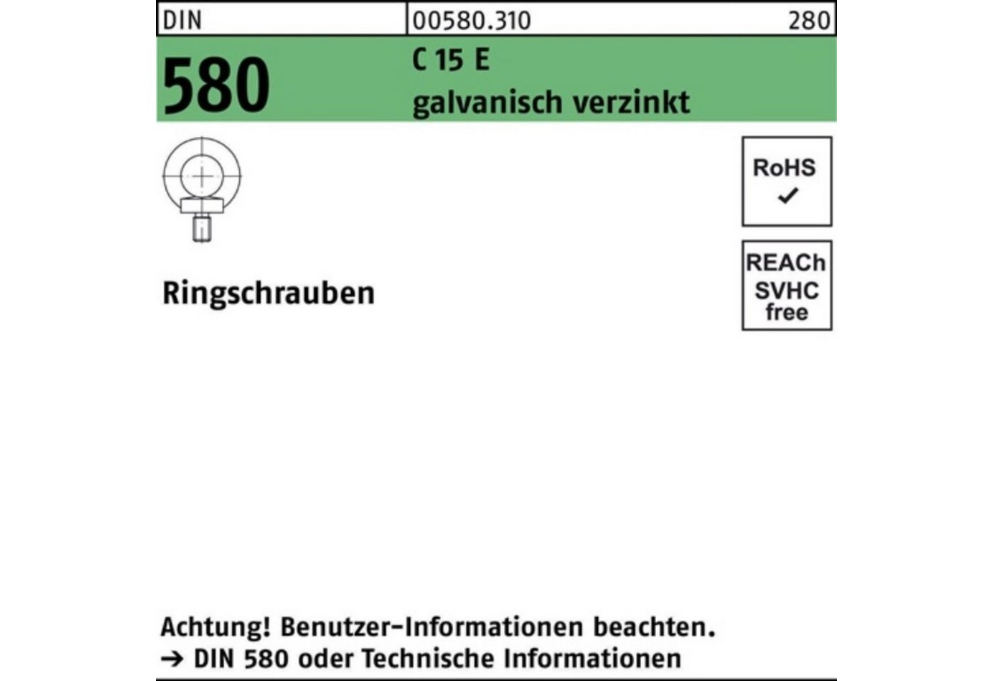 Reyher Schraube 100er Pack Ringschraube DIN 580 M18 C 15 E galv.verz. 1 Stück DIN 580 von Reyher