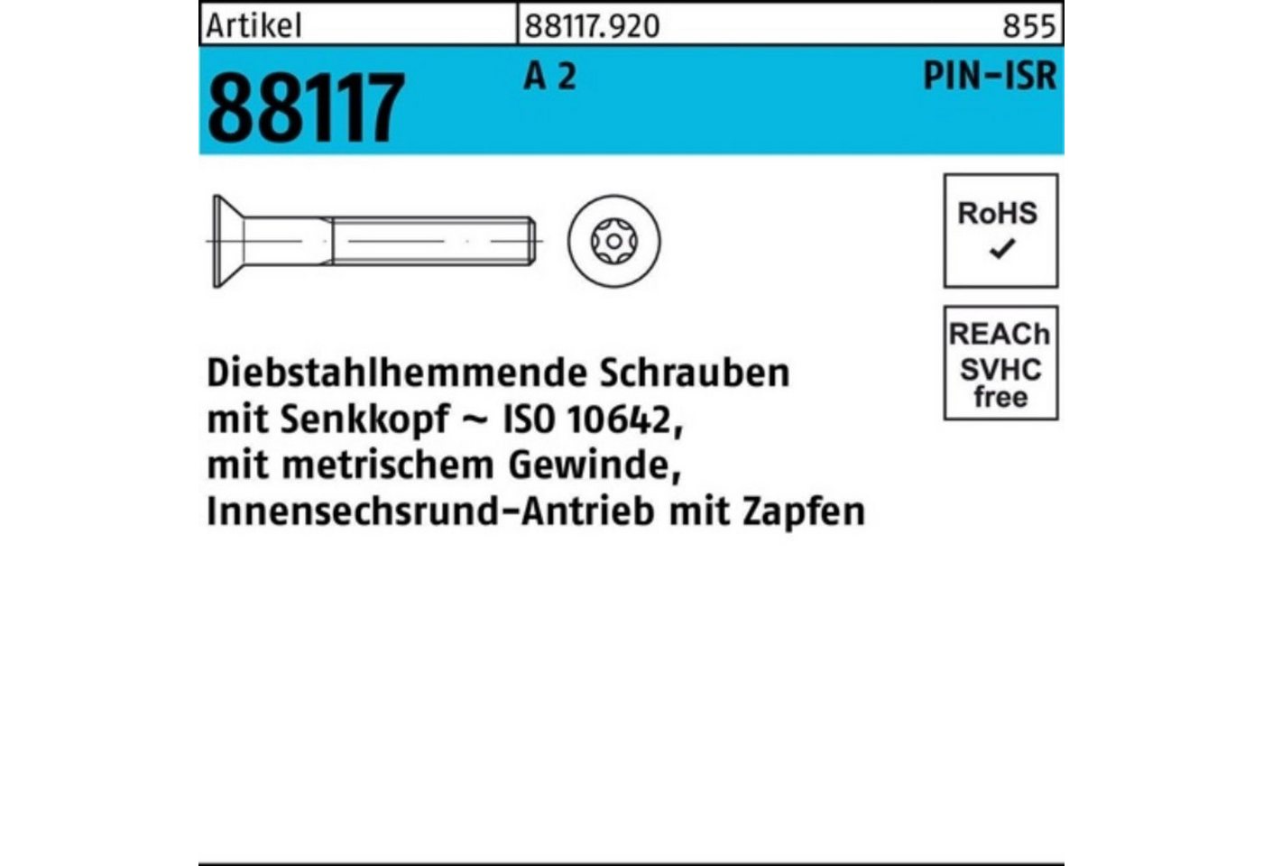 Reyher Schraube 100er Pack Schraube R 88117 diebstahlh. Seko ISR Zapfen M8x 50-T40 A 2 von Reyher