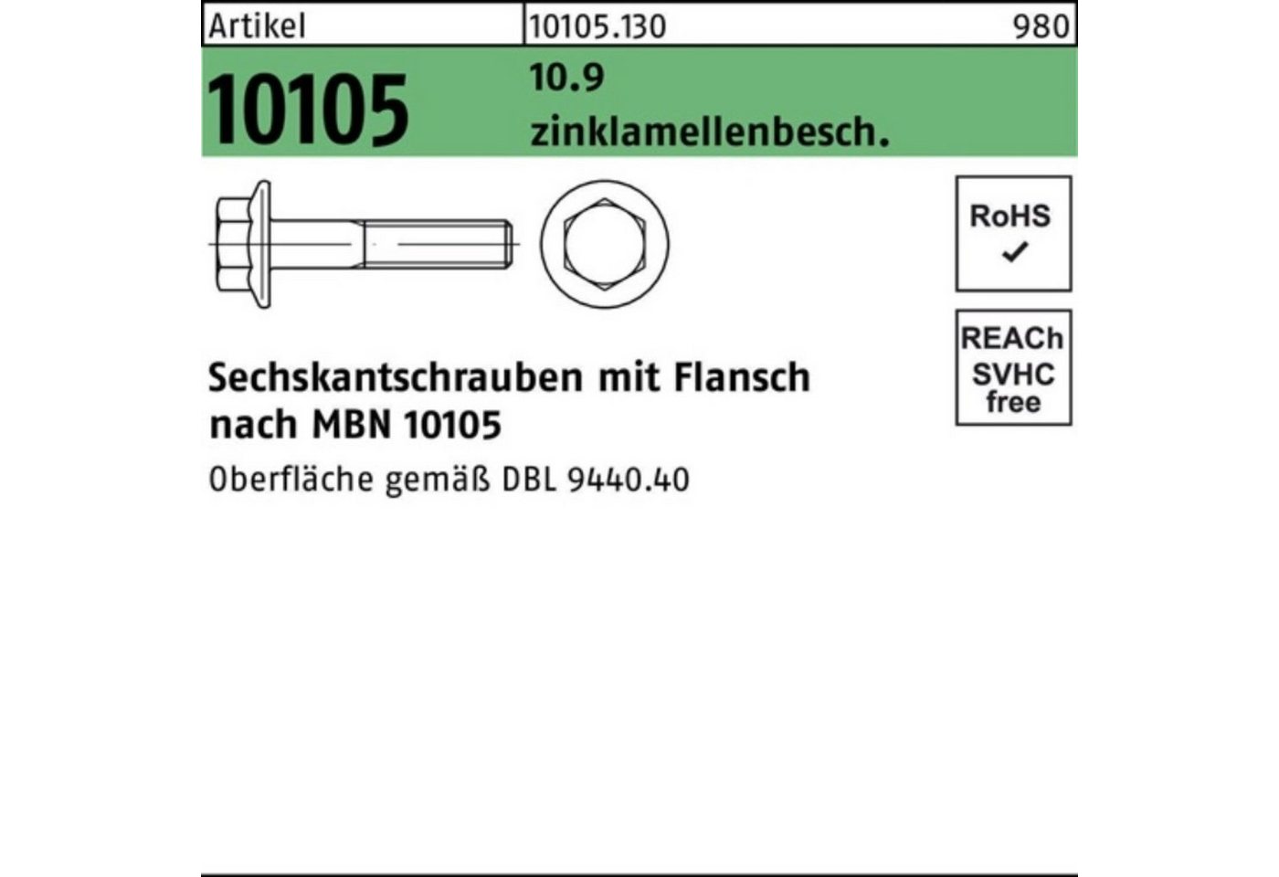 Reyher Schraube 100er Pack Sechskantflanschschraube R 10105 M12x 1,5x 40 10.9 flZnnc-L von Reyher