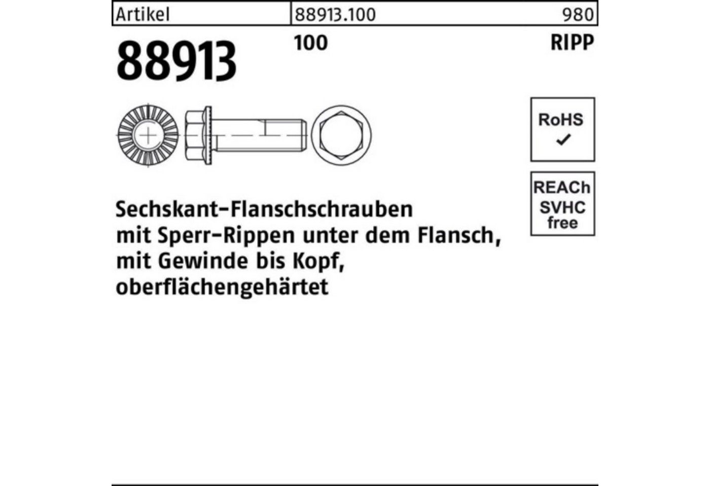 Reyher Schraube 100er Pack Sechskantflanschschraube R 88913 Sperr-Ripp VG M12x 45 100 von Reyher