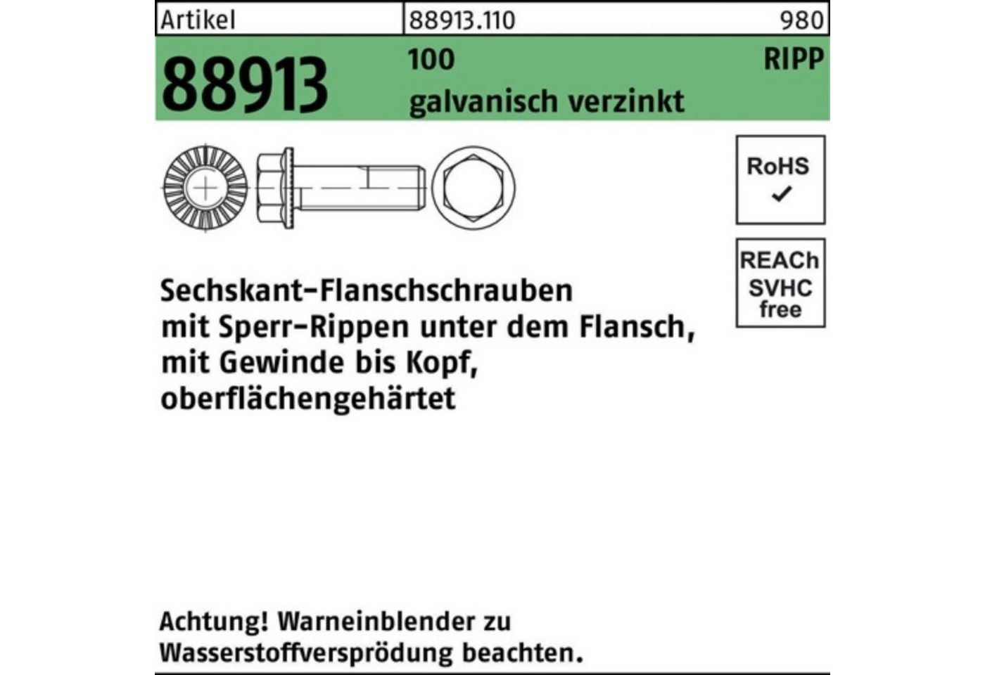 Reyher Schraube 100er Pack Sechskantflanschschraube R 88913 Sperr-Ripp VG M12x20 100 g von Reyher