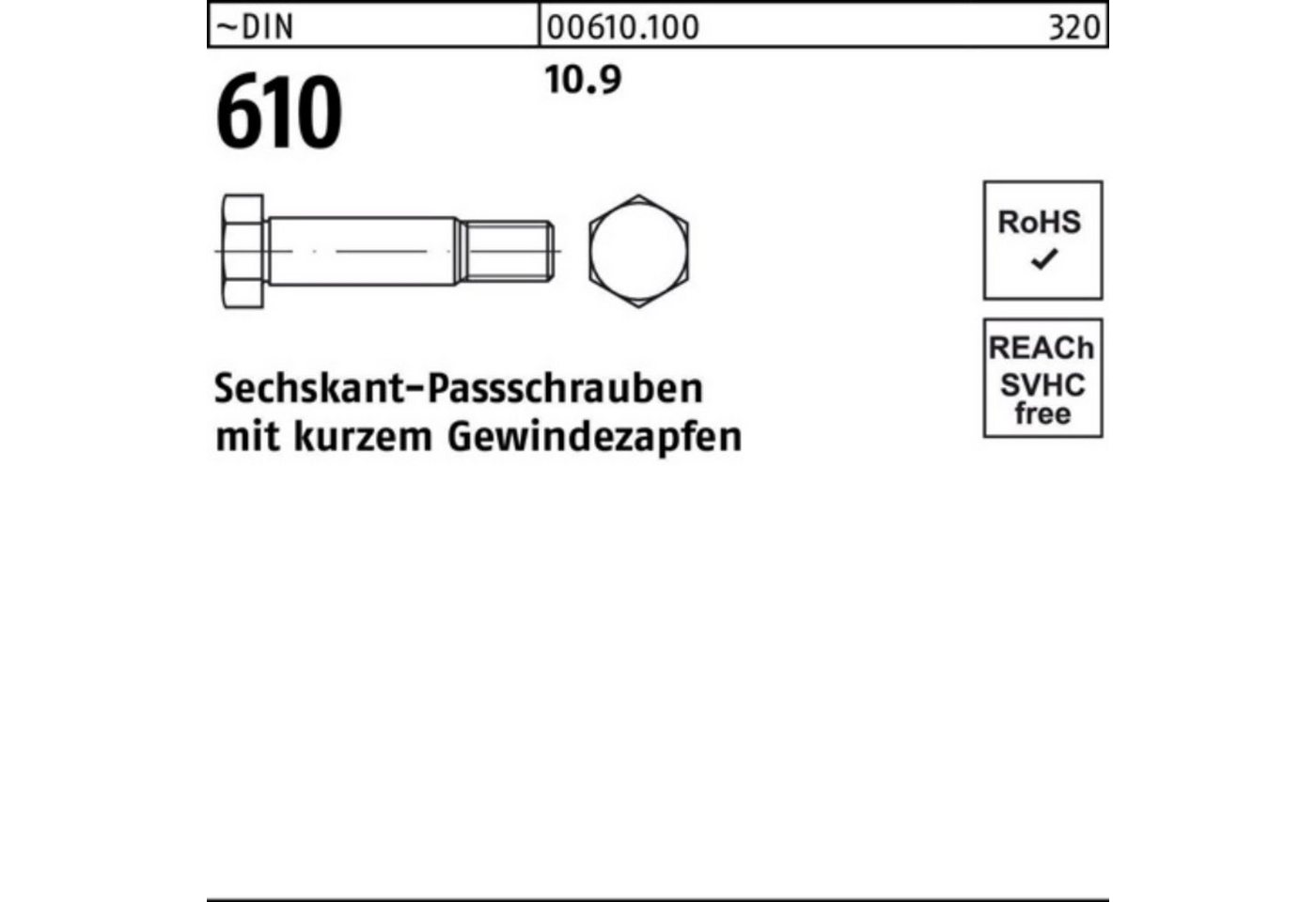 Reyher Schraube 100er Pack Sechskantpassschraube DIN 610 kurzem Gewindezapfen M16x 70 von Reyher
