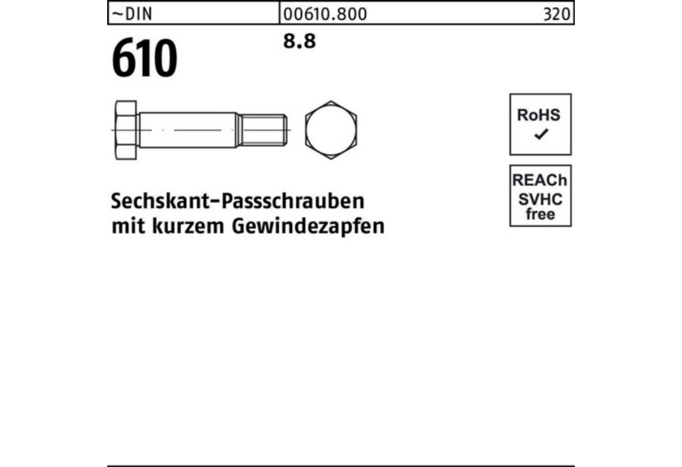 Reyher Schraube 100er Pack Sechskantpassschraube DIN 610 kurzem Gewindezapfen M36x 100 von Reyher