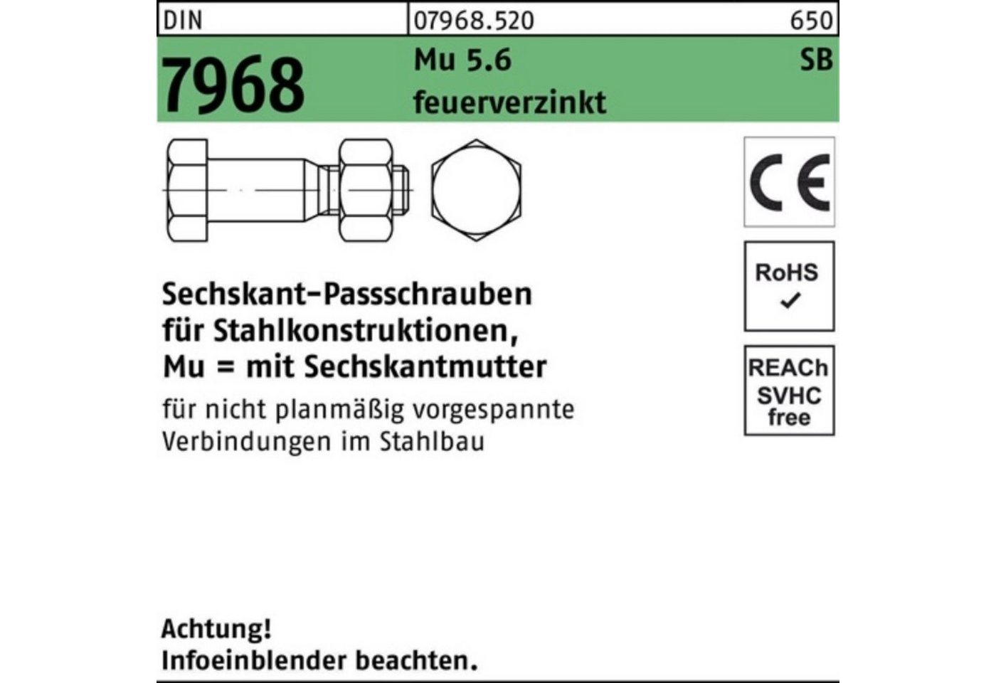 Reyher Schraube 100er Pack Sechskantpassschraube DIN 7968 CE Mutter M12x 45 5.6 feuerv von Reyher