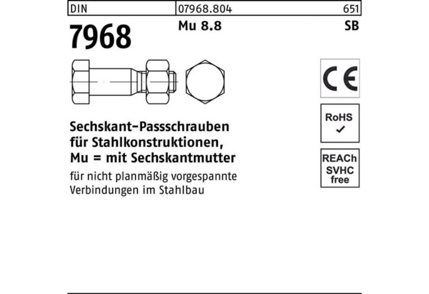 Reyher Schraube 100er Pack Sechskantpassschraube DIN 7968 Mutter M24x 100 8.8 1 Stück von Reyher