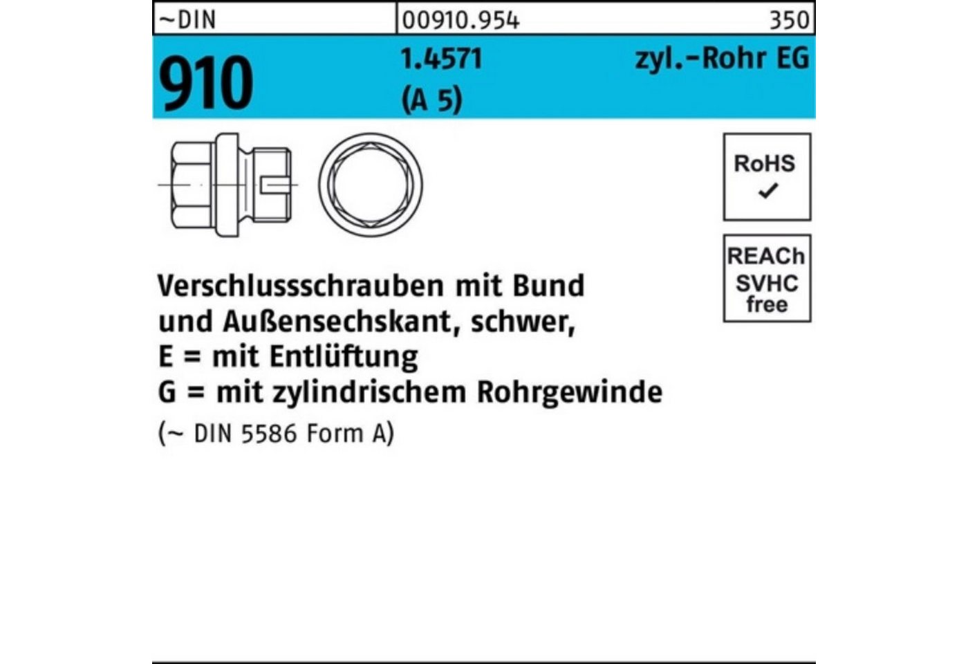 Reyher Schraube 100er Pack Verschlußschraube DIN 910-2 Bund/Außen-6-kt EG 1 A A5/1.4 von Reyher