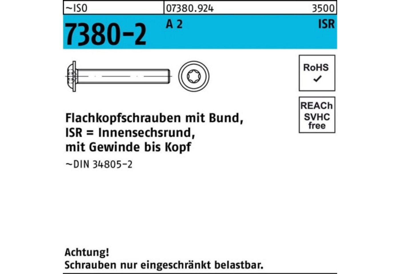 Reyher Schraube 200er Pack Flachkopfschraube ISO 7380-2 Bund/ISR VG M10x 25-T50 A 2 20 von Reyher