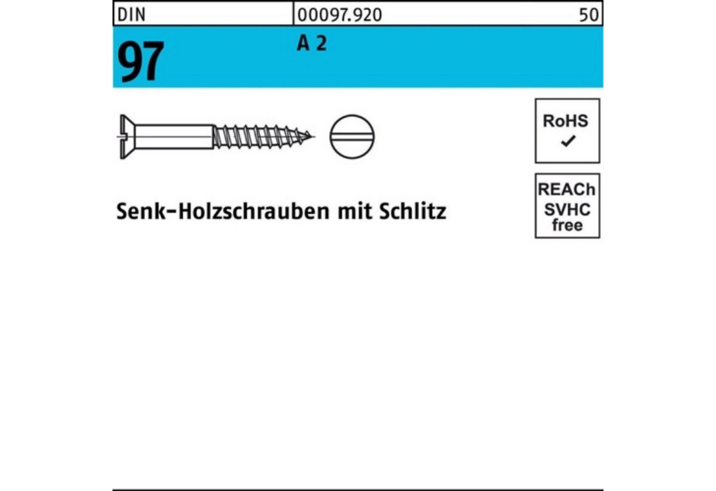 Reyher Schraube 200er Pack Holzschraube DIN 97 SEKO Schlitz 5x 20 A 2 200 Stück DIN 9 von Reyher