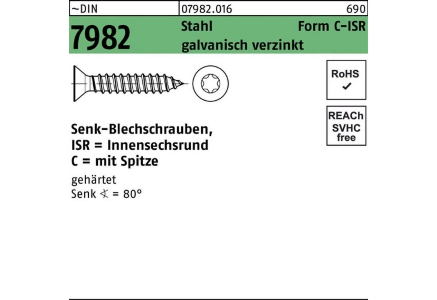 Reyher Schraube 250er Pack Senkblechschraube DIN 7982 ISR/Spitze 5,5x100 -C-T25 Stahl von Reyher