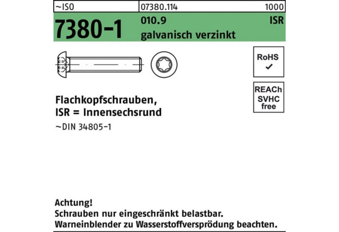 Reyher Schraube 500er Pack Flachkopfschraube ISO 7380-1 ISR M4x12-T20 010.9 galv.verz. von Reyher