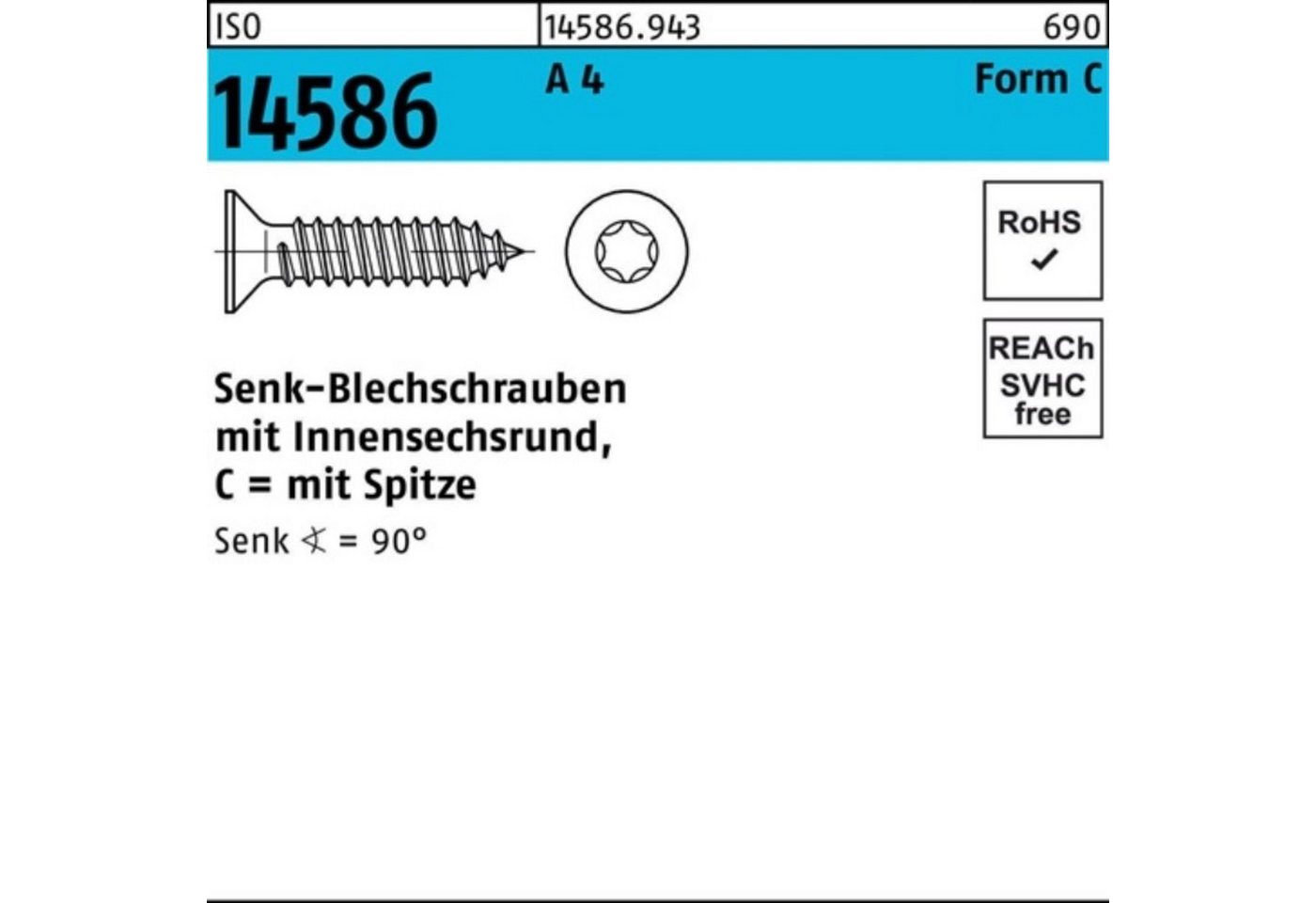 Reyher Schraube 500er Pack Senkblechschraube ISO 14586 m.Innensechsrund/Spitze 4,2 x 1 von Reyher