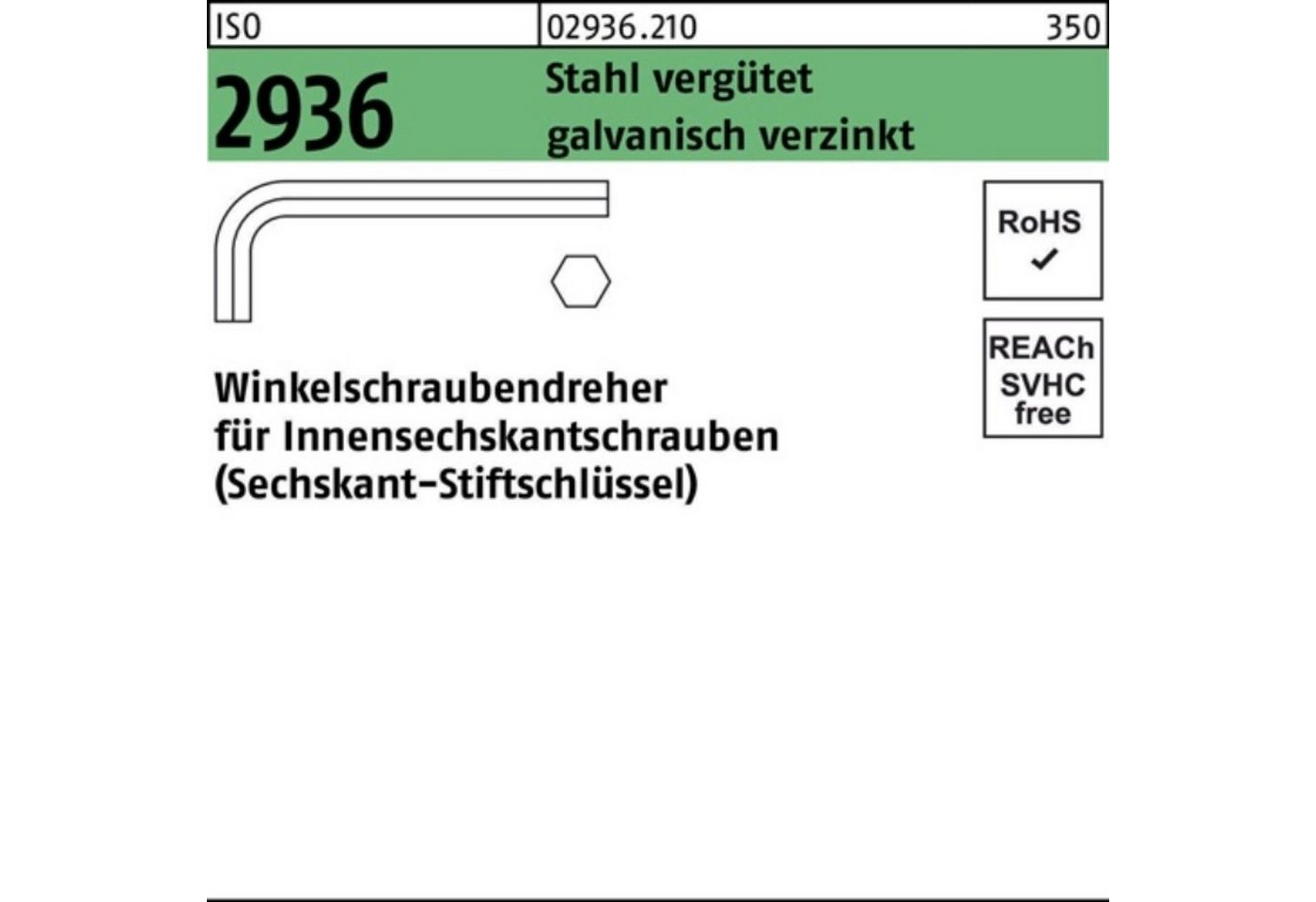 Reyher Schraubendreher 100er Pack Winkelschraubendreher ISO 2936 Innen-6kt SW 6 Stahl vergüt von Reyher