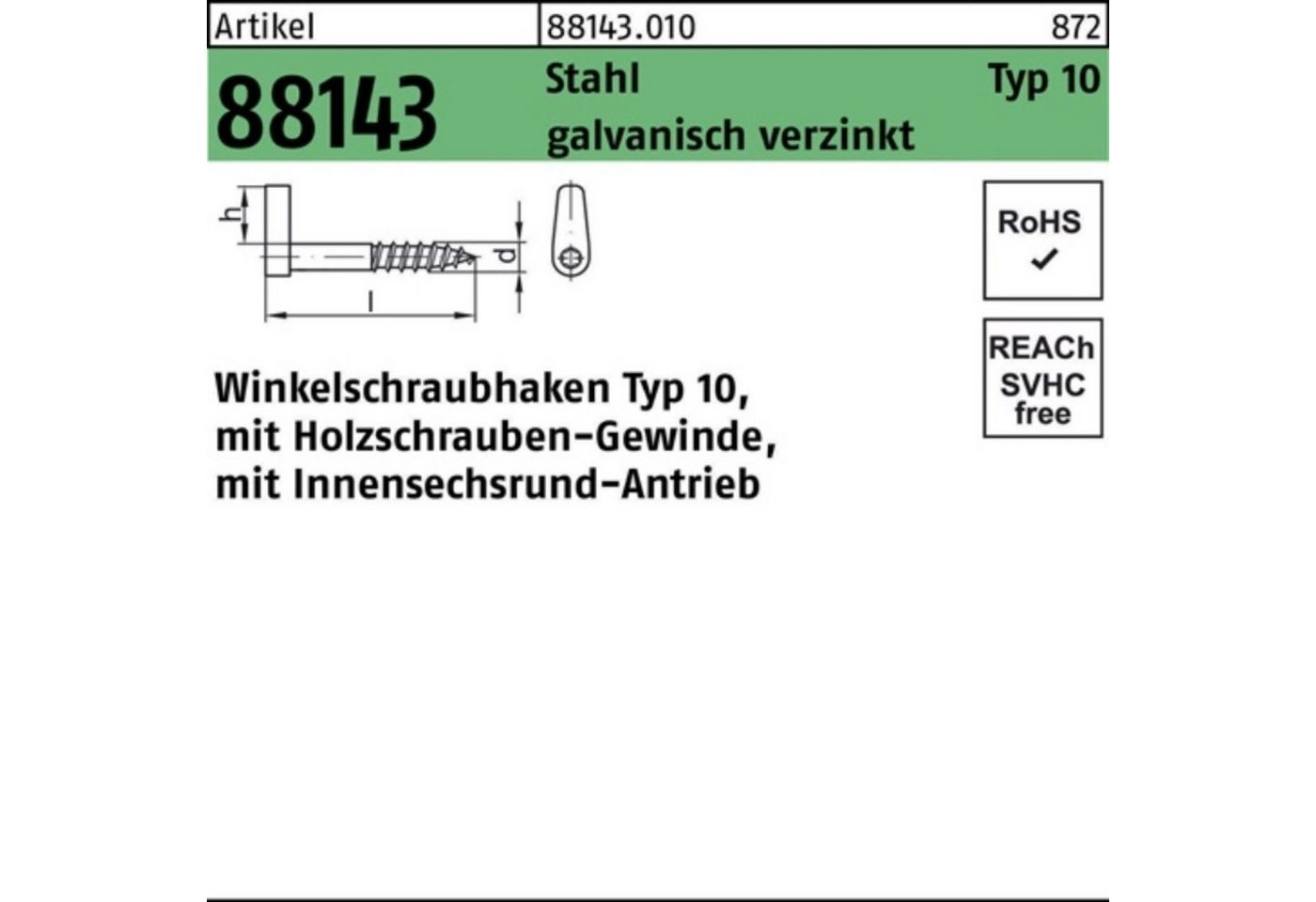 Reyher Schraubhaken 100er Pack Winkelschraubhaken R 88143 Typ 10 50x 5,2x 9 Stahl galv.ver von Reyher