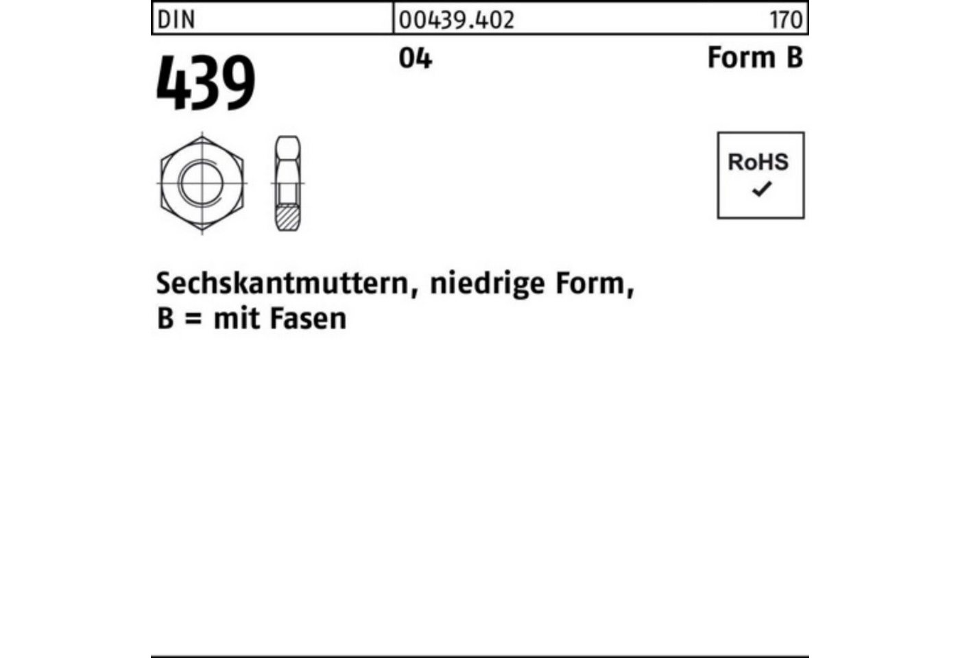 Reyher Muttern 100er Pack Sechskantmutter DIN 439/ISO 4035 FormB BM 24 Automatenstahl von Reyher
