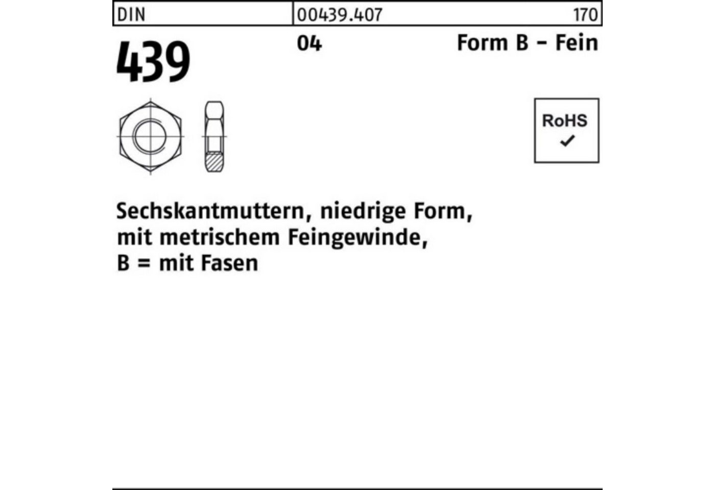 Reyher Muttern 100er Pack Sechskantmutter DIN 439/ISO 4035 FormB BM 48x 1,5 Automaten von Reyher