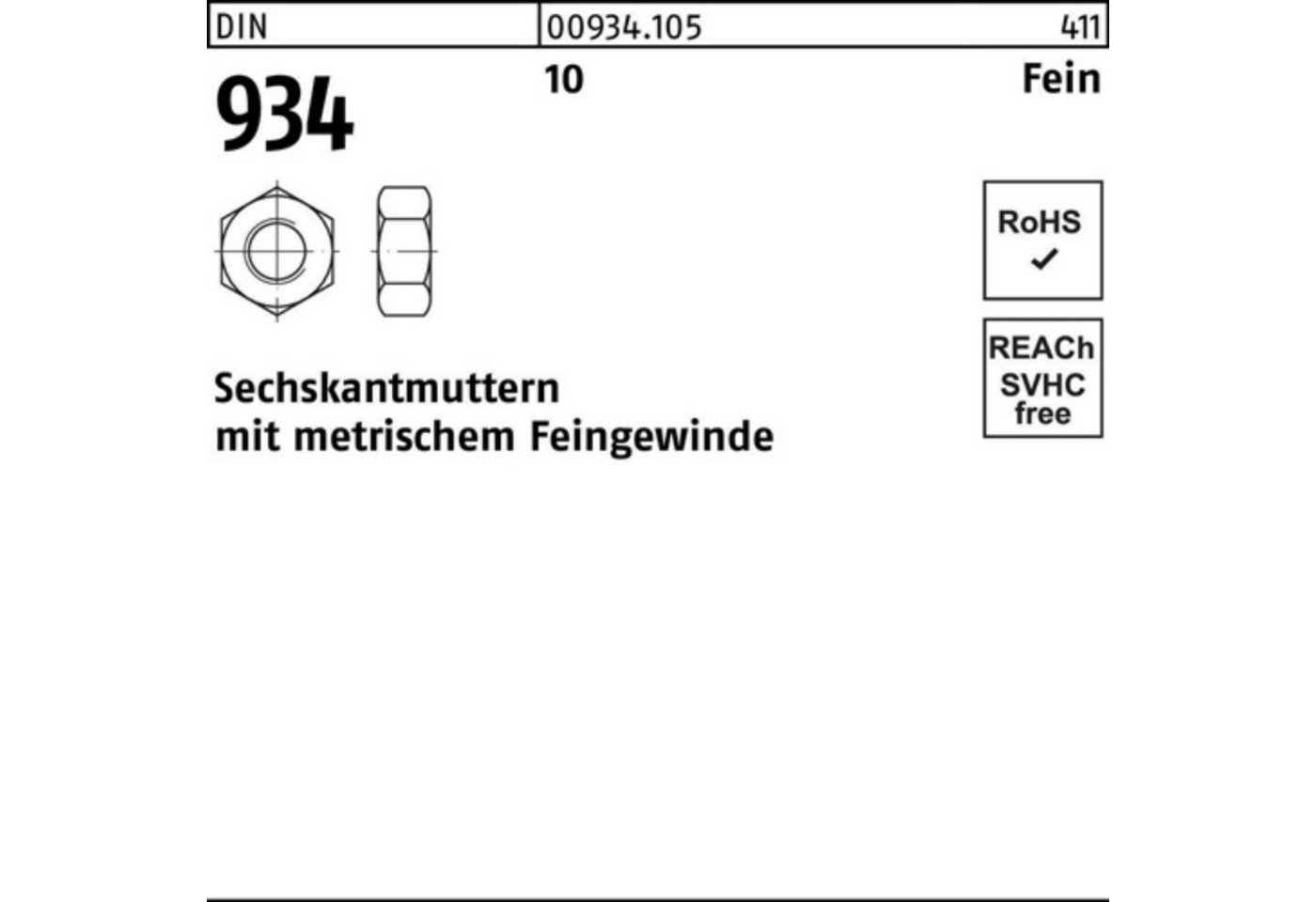 Reyher Muttern 100er Pack Sechskantmutter DIN 934 M16x 1,5 10 100 Stück DIN 934 10 F von Reyher