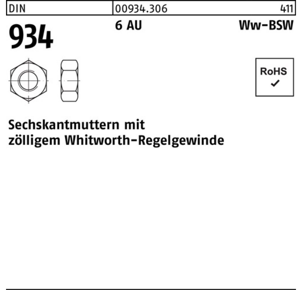 Reyher Muttern 100er Pack Sechskantmutter DIN 934 WW 1 1/2 6 Automatenstahl 1 Stück von Reyher