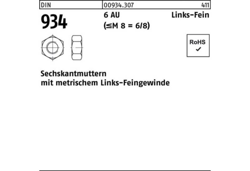 Reyher Muttern 100er Pack Sechskantmutter DIN 934 links M14x 1,5 -LH 6 Automatenstahl von Reyher