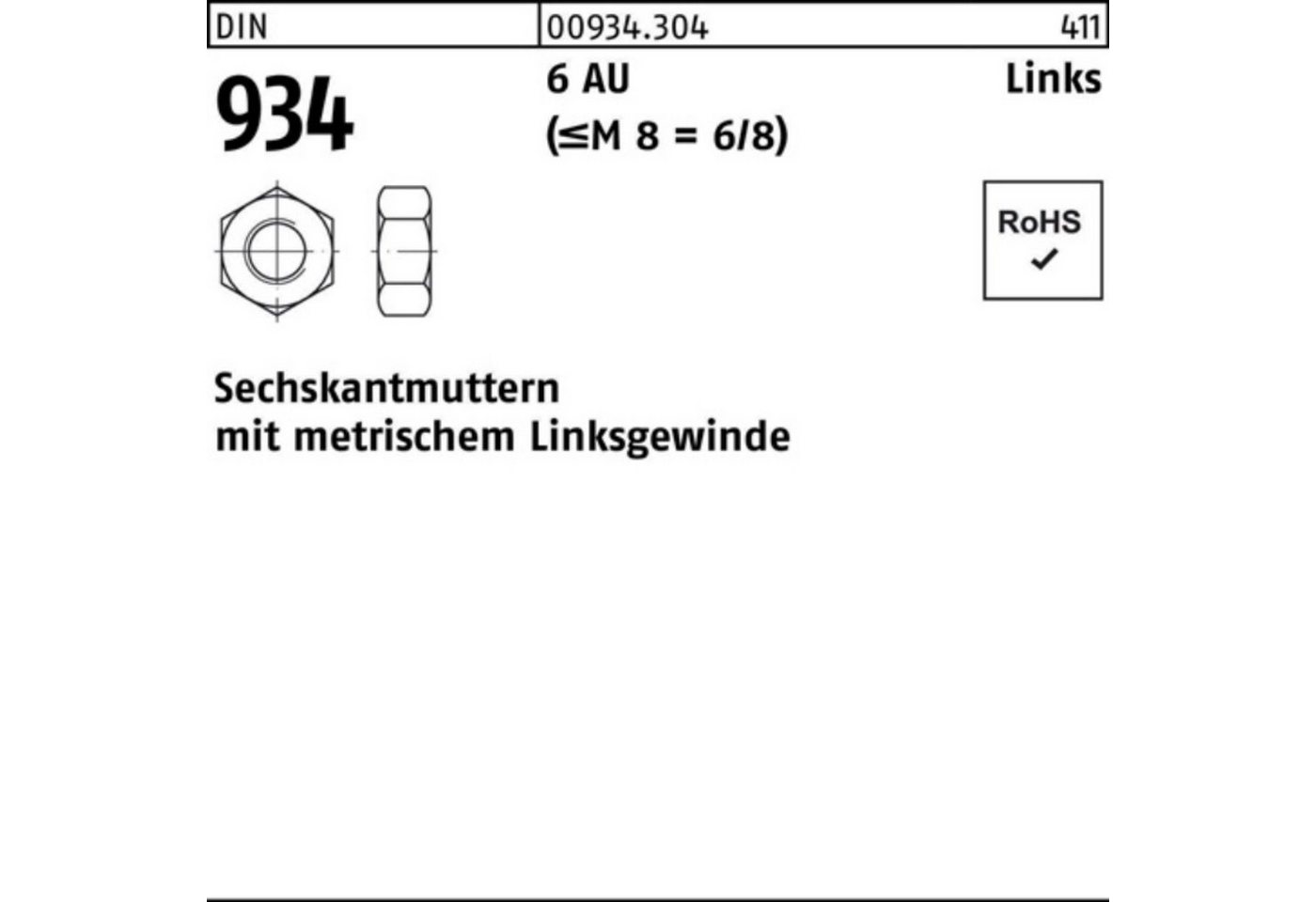 Reyher Muttern 100er Pack Sechskantmutter DIN 934 links M48 -LH 6 Automatenstahl 1 St von Reyher