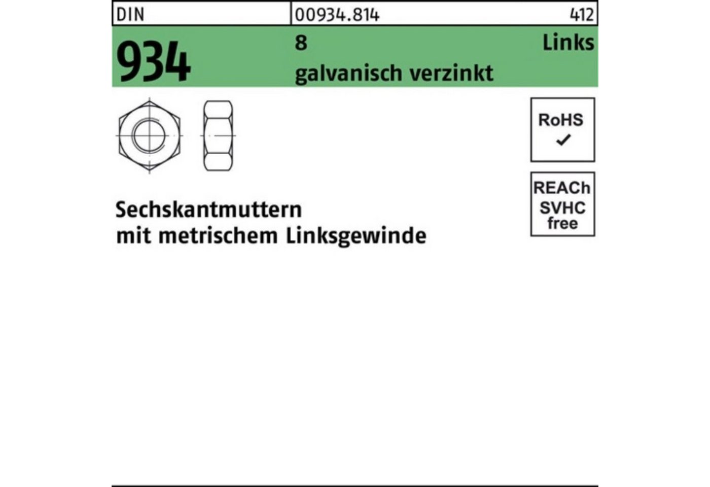 Reyher Muttern 100er Pack Sechskantmutter DIN 934 links M48 -LH 8 galv.verz. 1 Stück von Reyher