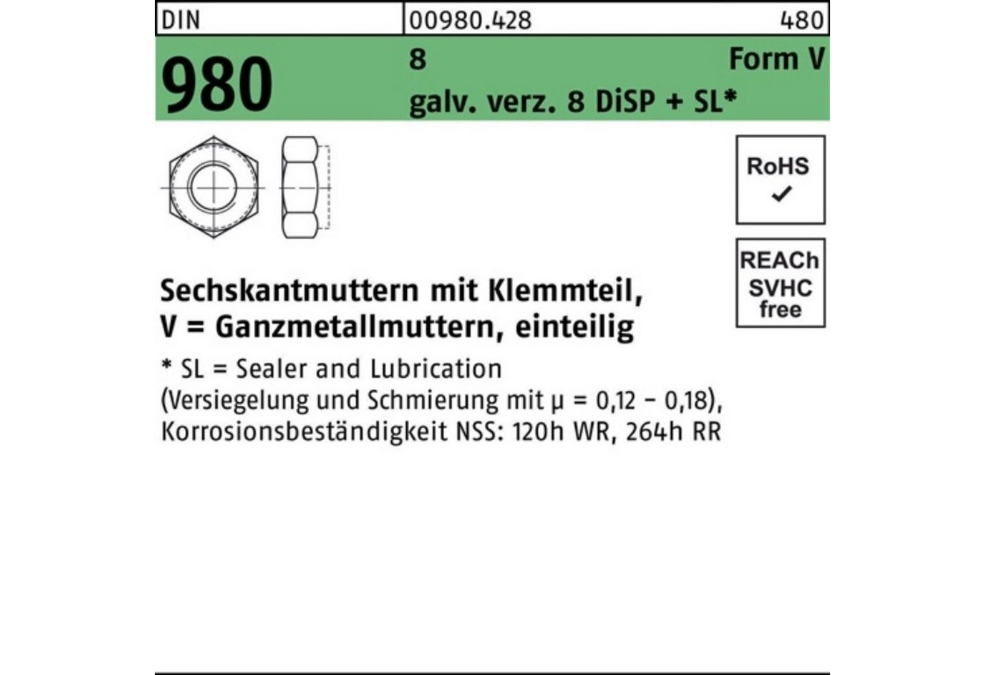 Reyher Sechskantmutter 100er Pack Sechskantmutter DIN 980 Klemmteil V M16 8 galv.verz. 8 DISP von Reyher