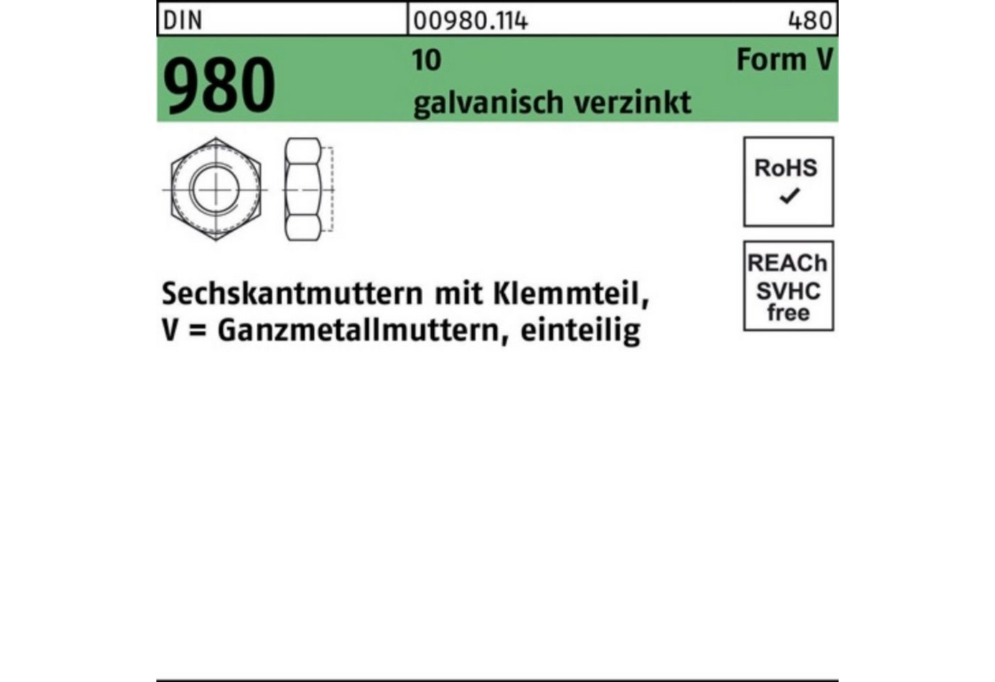 Reyher Muttern 100er Pack Sechskantmutter DIN 980 Klemmteil VM 30 10 galv.verz. 10 St von Reyher