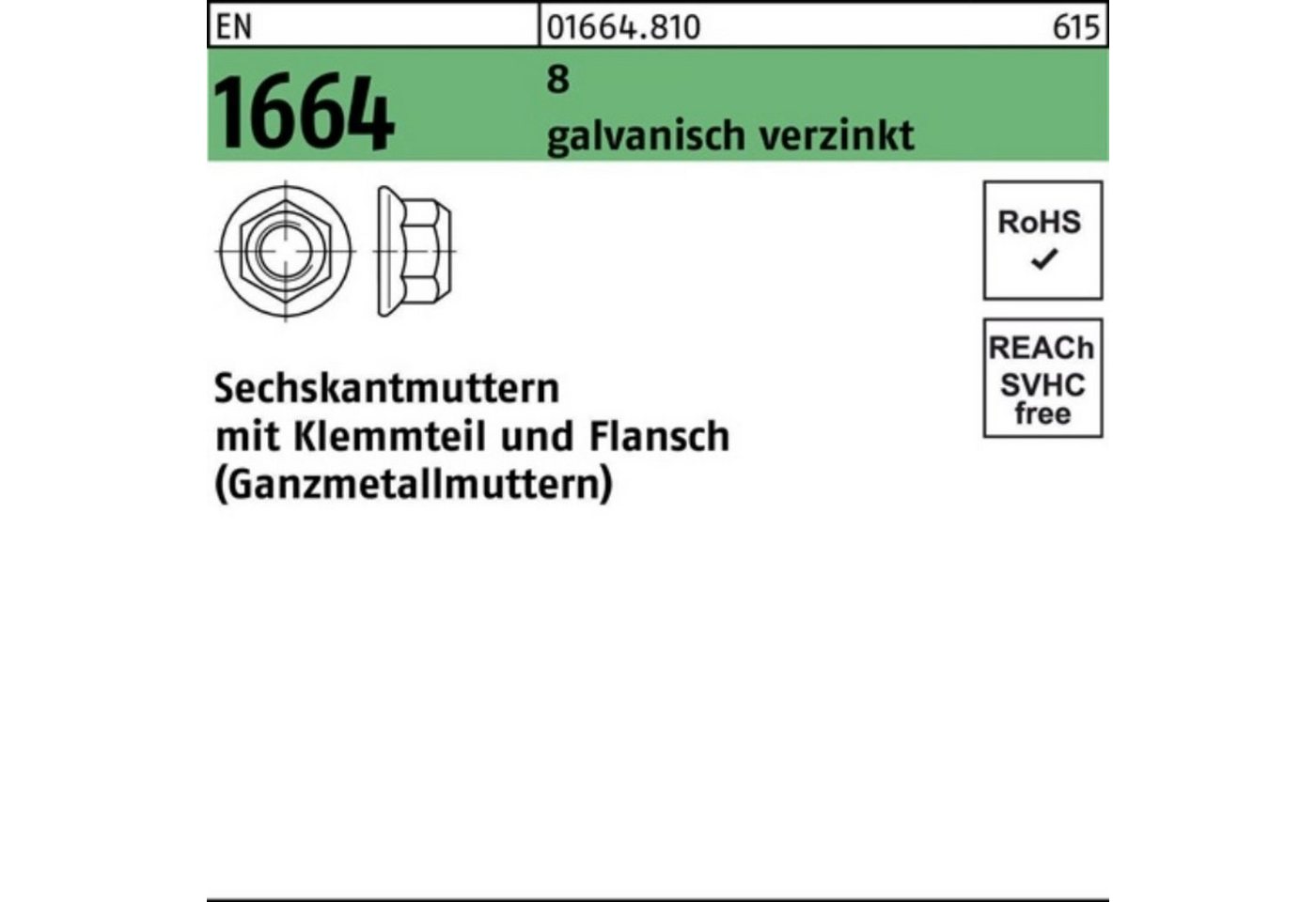 Reyher Muttern 100er Pack Sechskantmutter EN 1664 Klemmteil/Flansch M12 8 galv.verz. von Reyher