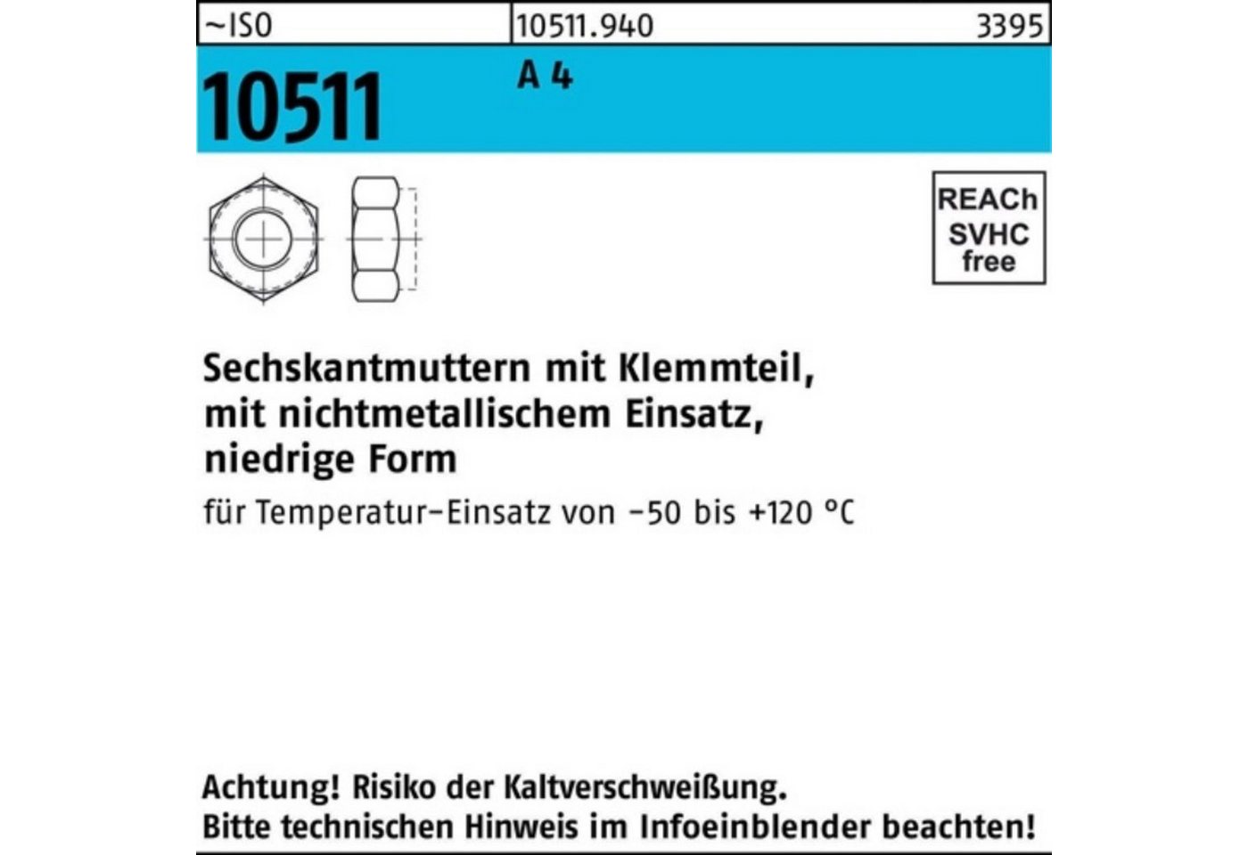 Reyher Muttern 100er Pack Sechskantmutter ISO 10511 Klemmteil M20 A 4 1 Stück ISO 10 von Reyher