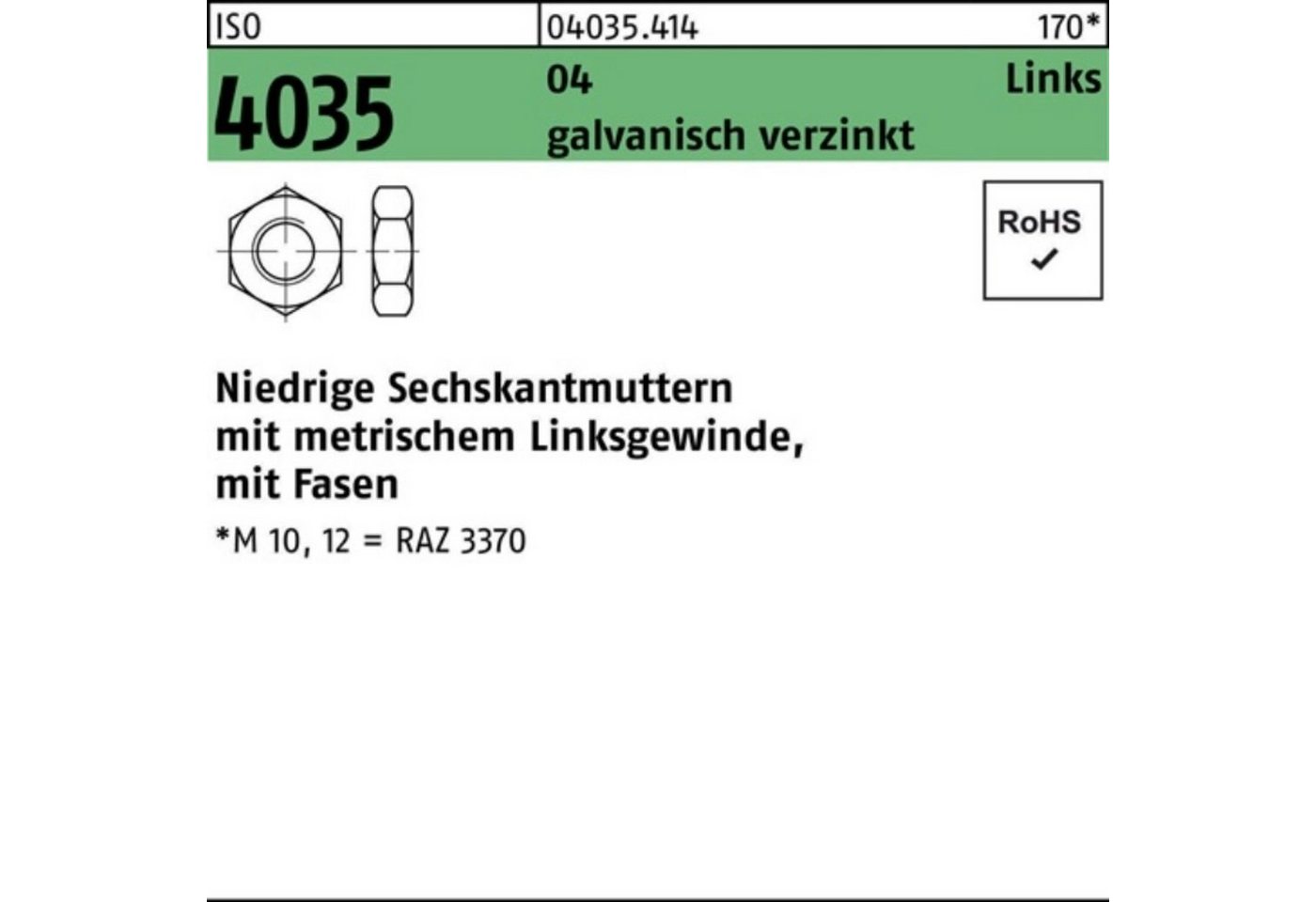 Reyher Muttern 100er Pack Sechskantmutter ISO 4035 niedrig Fasen links M10 Automatens von Reyher