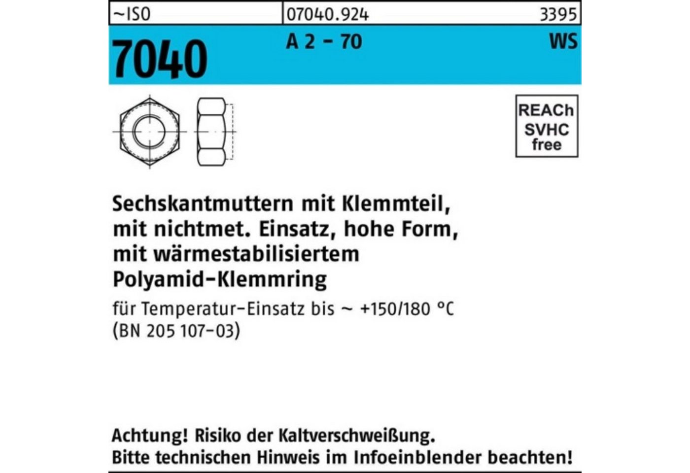 Reyher Muttern 100er Pack Sechskantmutter ISO 7040 Klemmteil M12 A 2 - 70 brauner Rin von Reyher