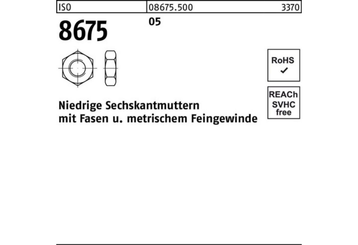 Reyher Muttern 100er Pack Sechskantmutter ISO 8675 Fasen M12x 1,25 5 100 Stück ISO 8 von Reyher