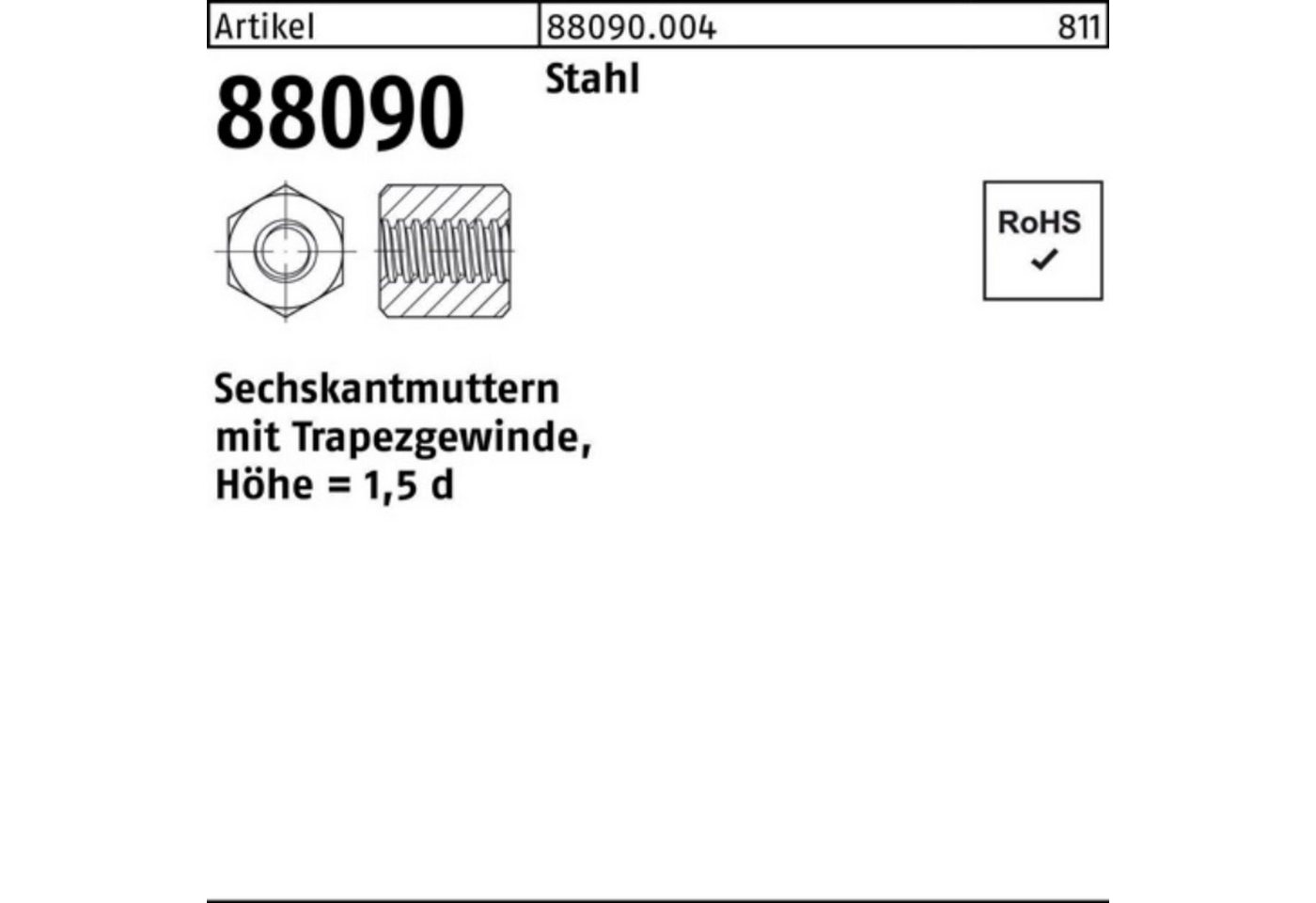 Reyher Muttern 100er Pack Sechskantmutter R 88090 Trapezgewinde TR30x6-SW46x45 Stahl von Reyher