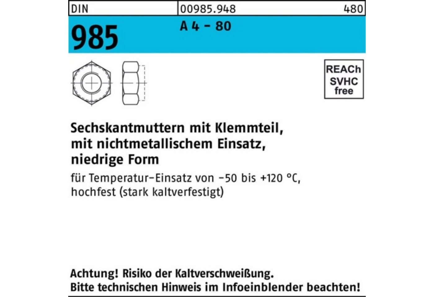 Reyher Muttern 250er Pack Sechskantmutter DIN 985 Klemmteil M16 A 4 - 80 250 Stück ~ von Reyher