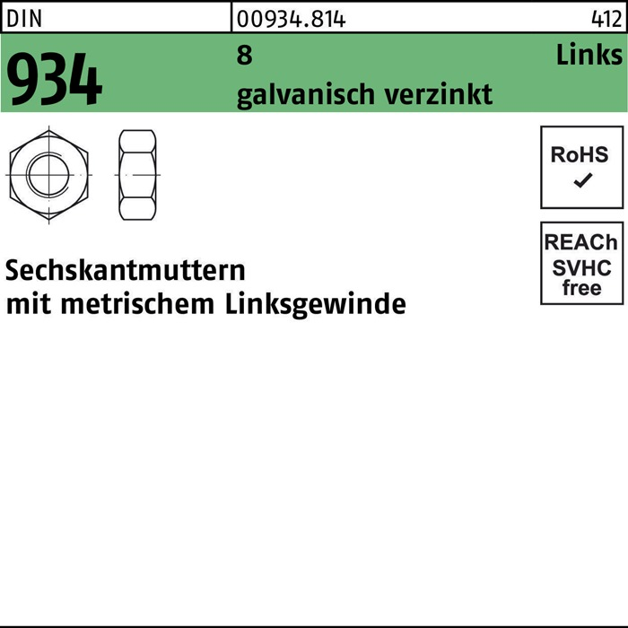 Reyher Sechskantmutter Mutter Din 934 Links M 10 Lh 8 Galvanisch 400 Stück  B-Ware von Reyher