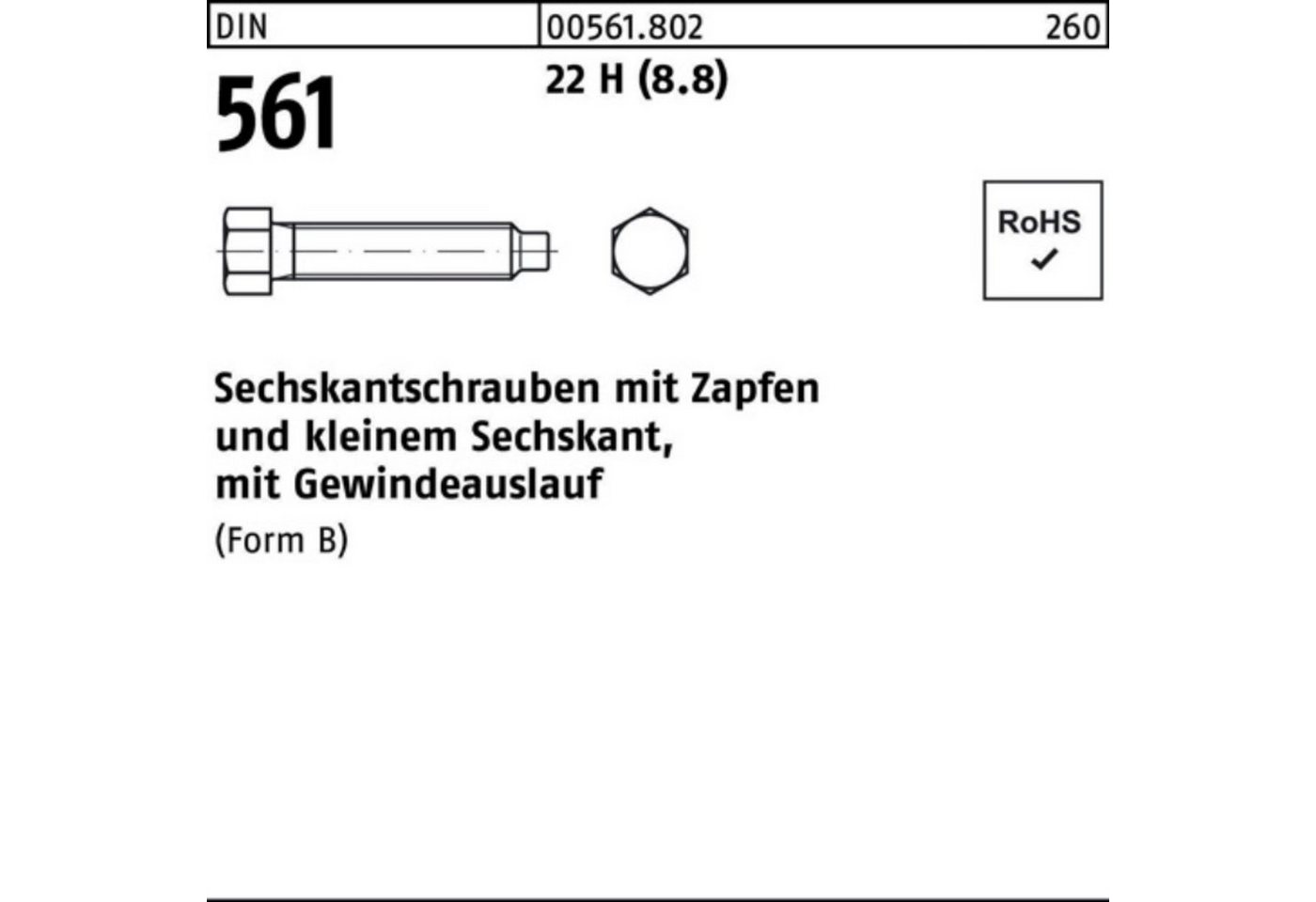 Reyher Sechskantschraube 100er Pack Sechskantschraube DIN 561 Zapfen BM 12x 60 22 H (8.8) 25 St von Reyher