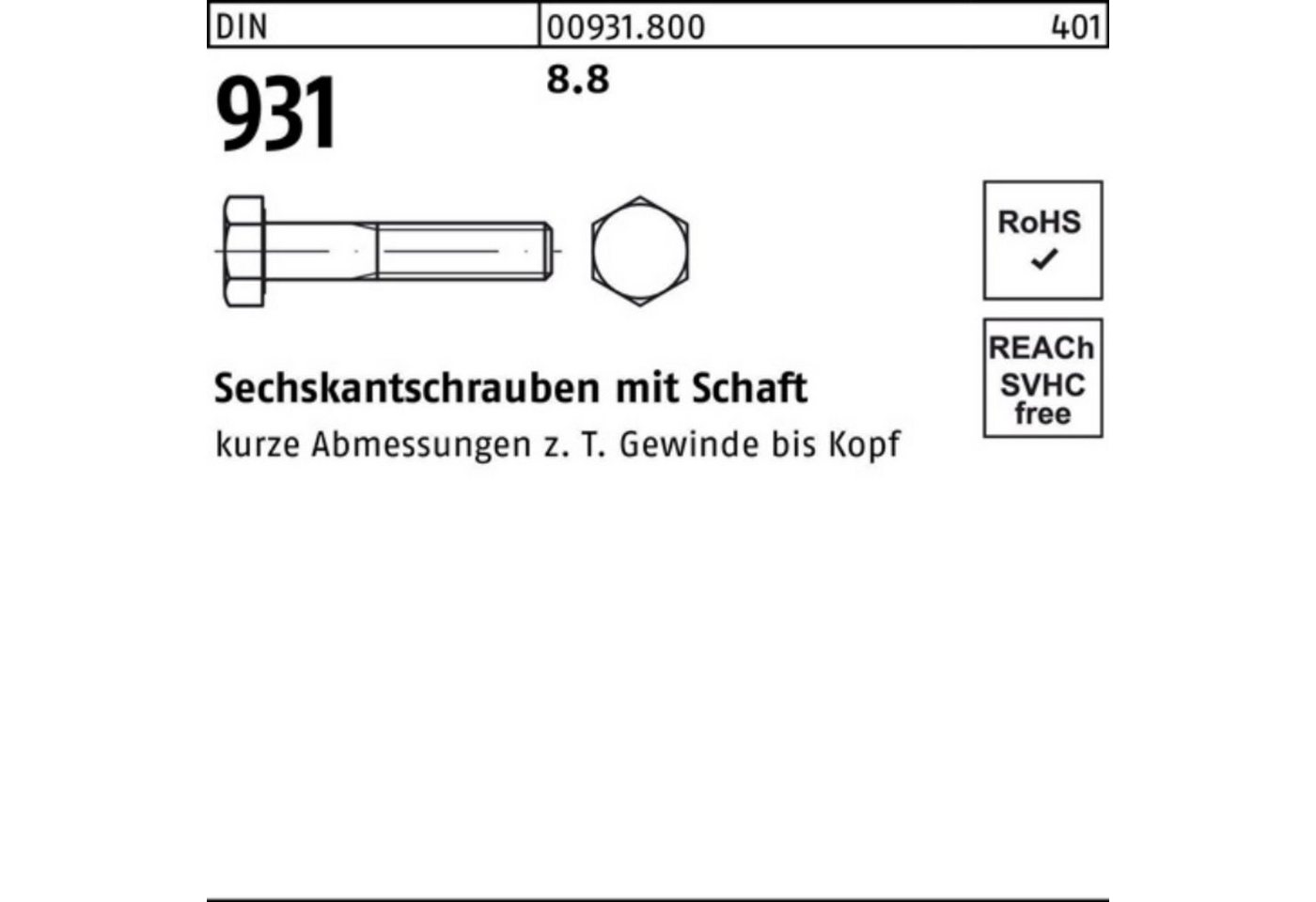 Reyher Sechskantschraube 100er Pack Sechskantschraube DIN 931 Schaft M12x 380 8.8 25 Stück DIN von Reyher