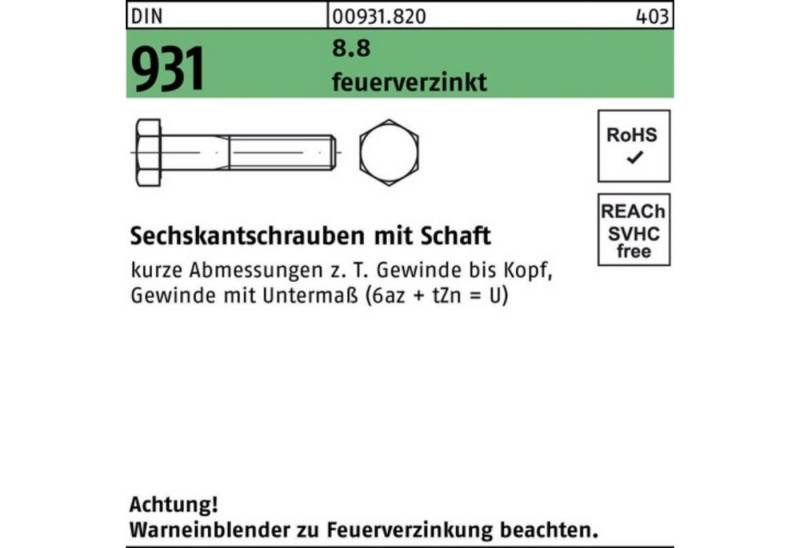 Reyher Sechskantschraube 100er Pack Sechskantschraube DIN 931 Schaft M12x 70 8.8 feuerverz. 50 von Reyher