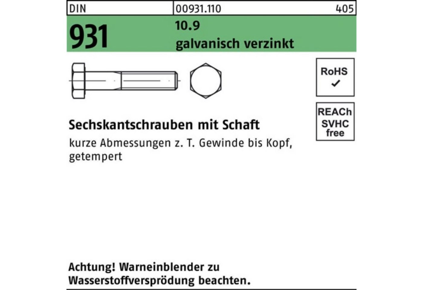 Reyher Sechskantschraube 100er Pack Sechskantschraube DIN 931 Schaft M16x 75 10.9 galv.verz. 25 von Reyher