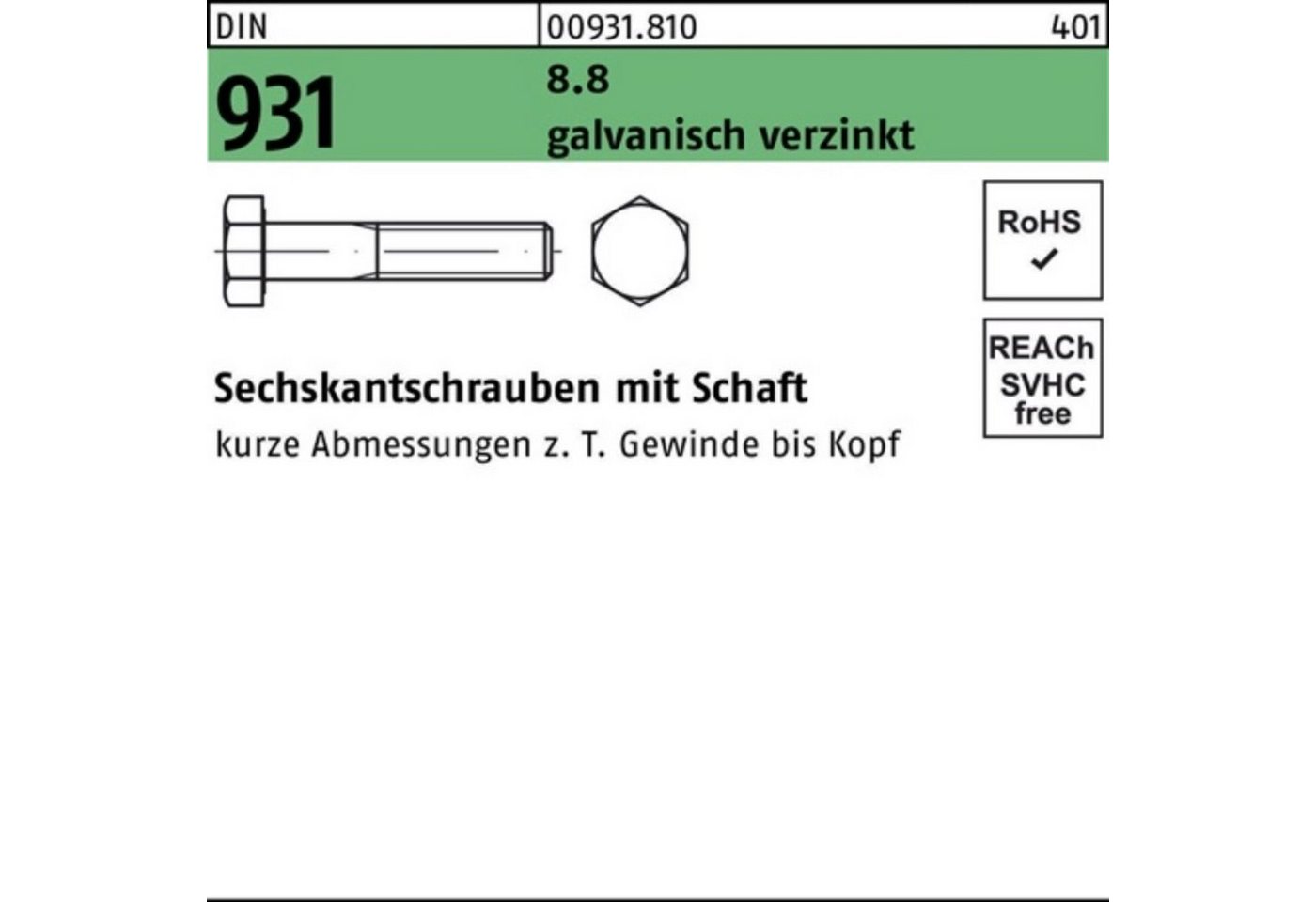 Reyher Sechskantschraube 100er Pack Sechskantschraube DIN 931 Schaft M20x 450 8.8 galv.verz. 1 von Reyher