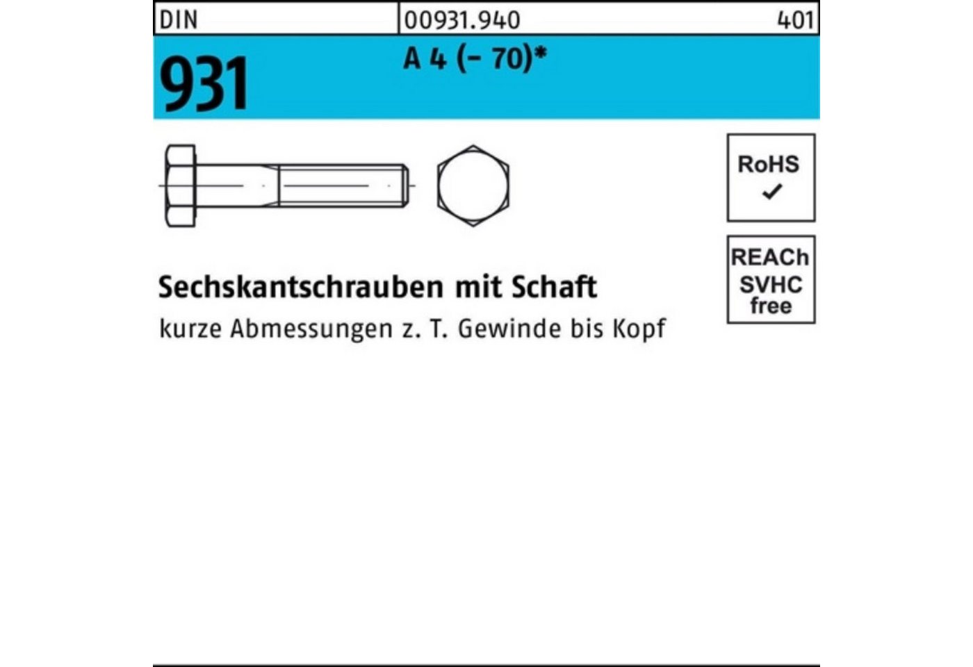 Reyher Sechskantschraube 100er Pack Sechskantschraube DIN 931 Schaft M22x 120 A 4 (70) 1 Stü von Reyher