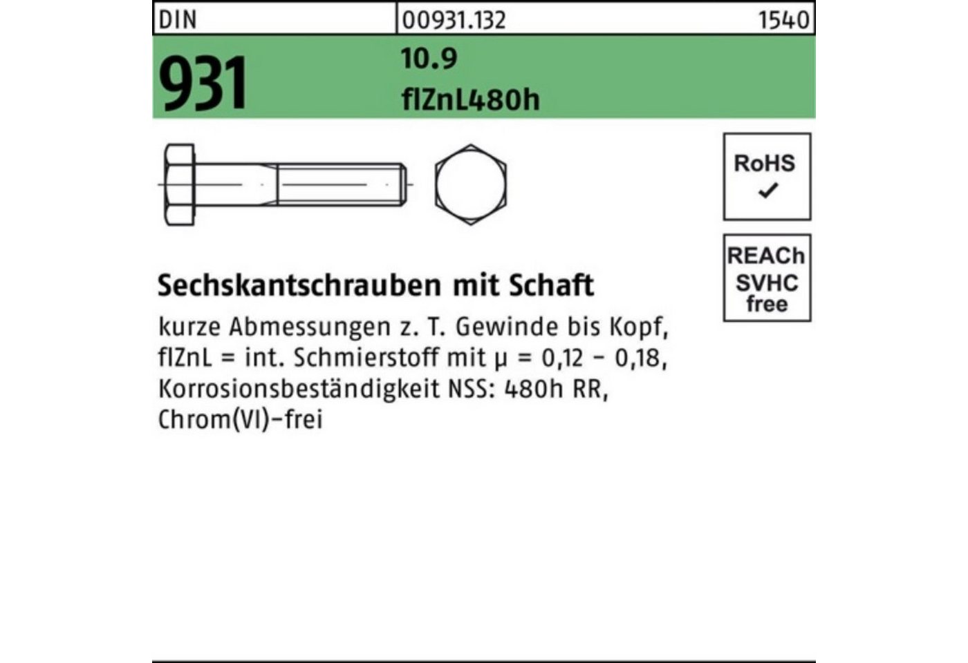 Reyher Sechskantschraube 100er Pack Sechskantschraube DIN 931 Schaft M24x 240 10.9 flZnL/nc/x/x von Reyher