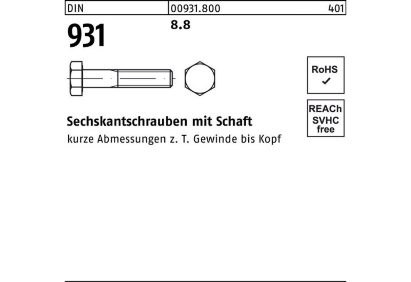 Reyher Sechskantschraube 100er Pack Sechskantschraube DIN 931 Schaft M27x 290 8.8 1 Stück DIN von Reyher