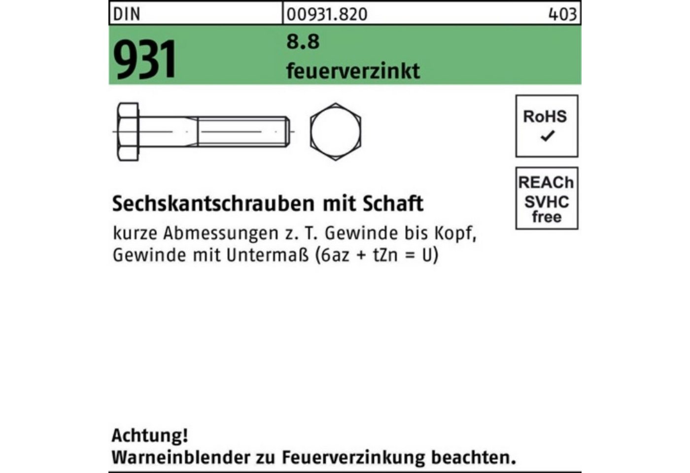 Reyher Sechskantschraube 100er Pack Sechskantschraube DIN 931 Schaft M30x 200 8.8 feuerverz. 1 von Reyher