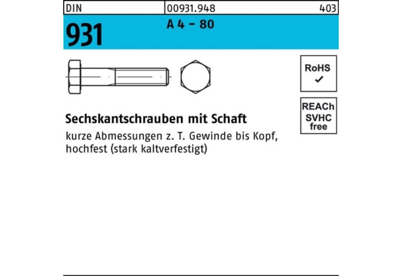 Reyher Sechskantschraube 100er Pack Sechskantschraube DIN 931 Schaft M20x 190 A 4 - 80 1 Stück von Reyher