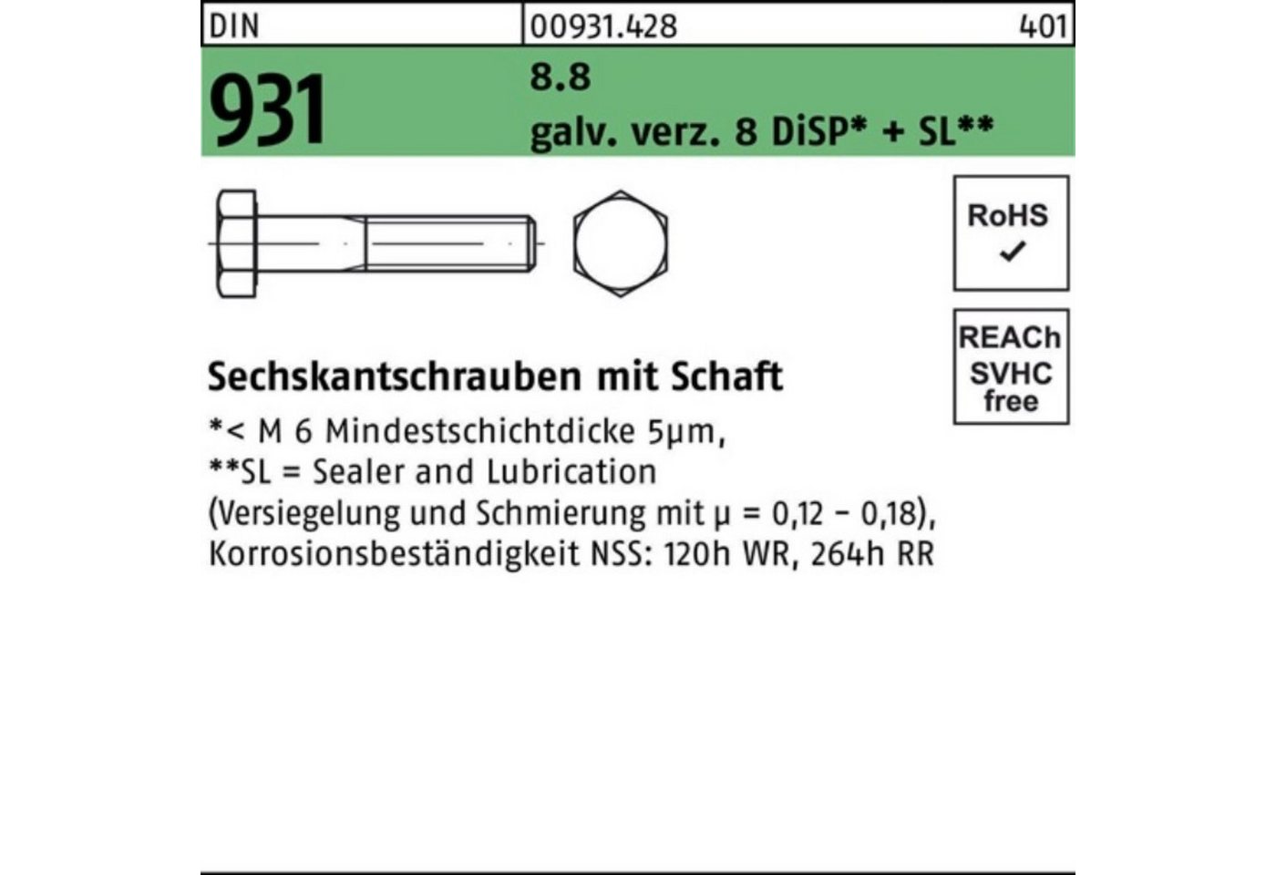 Reyher Sechskantschraube 100er Pack Sechskantschraube DIN 931 Schaft M20x 240 8.8 gal Zn 8 DiSP von Reyher