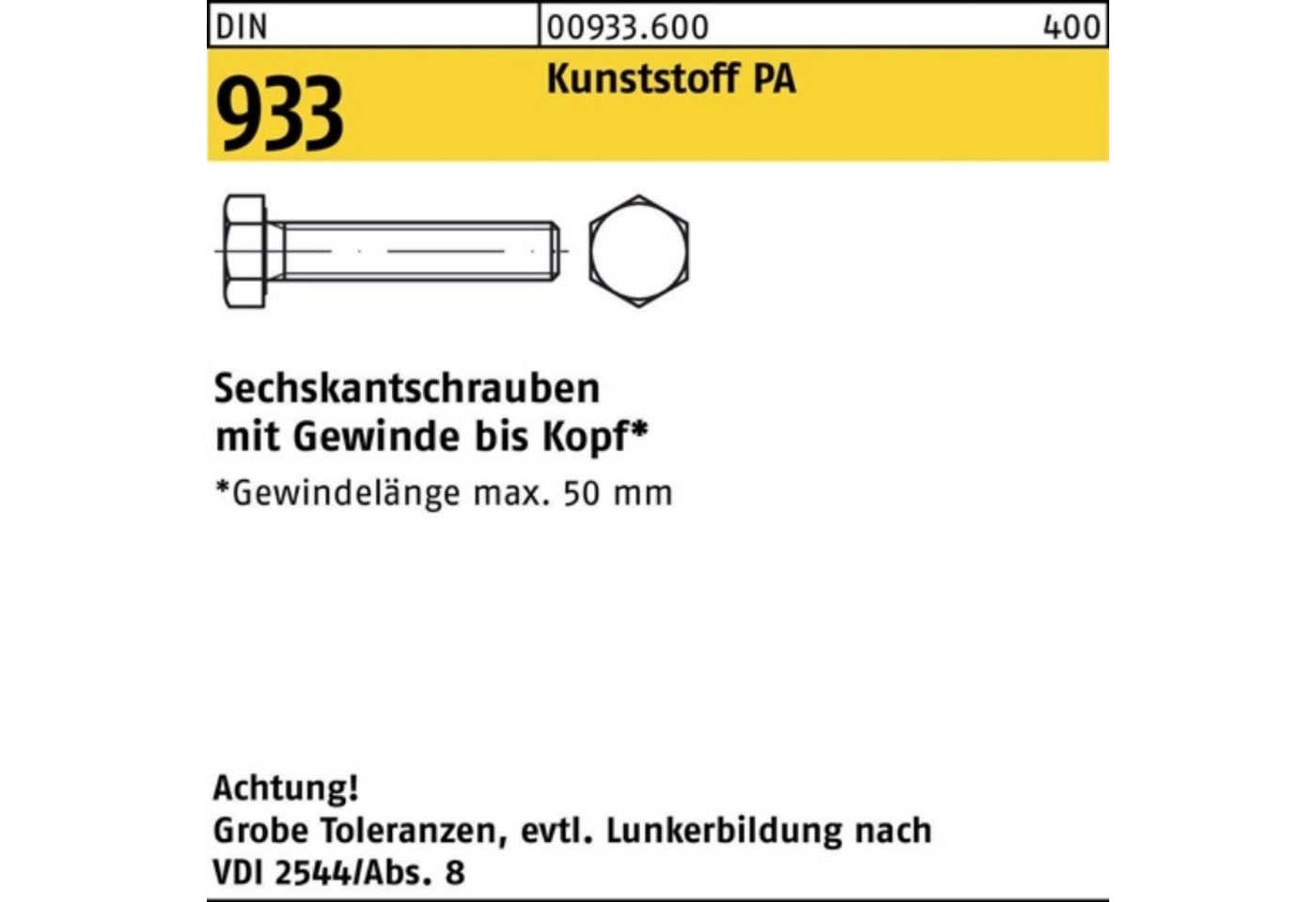 Reyher Sechskantschraube 100er Pack Sechskantschraube DIN 933 VG M10x 60 Polyamid natur 100 St von Reyher