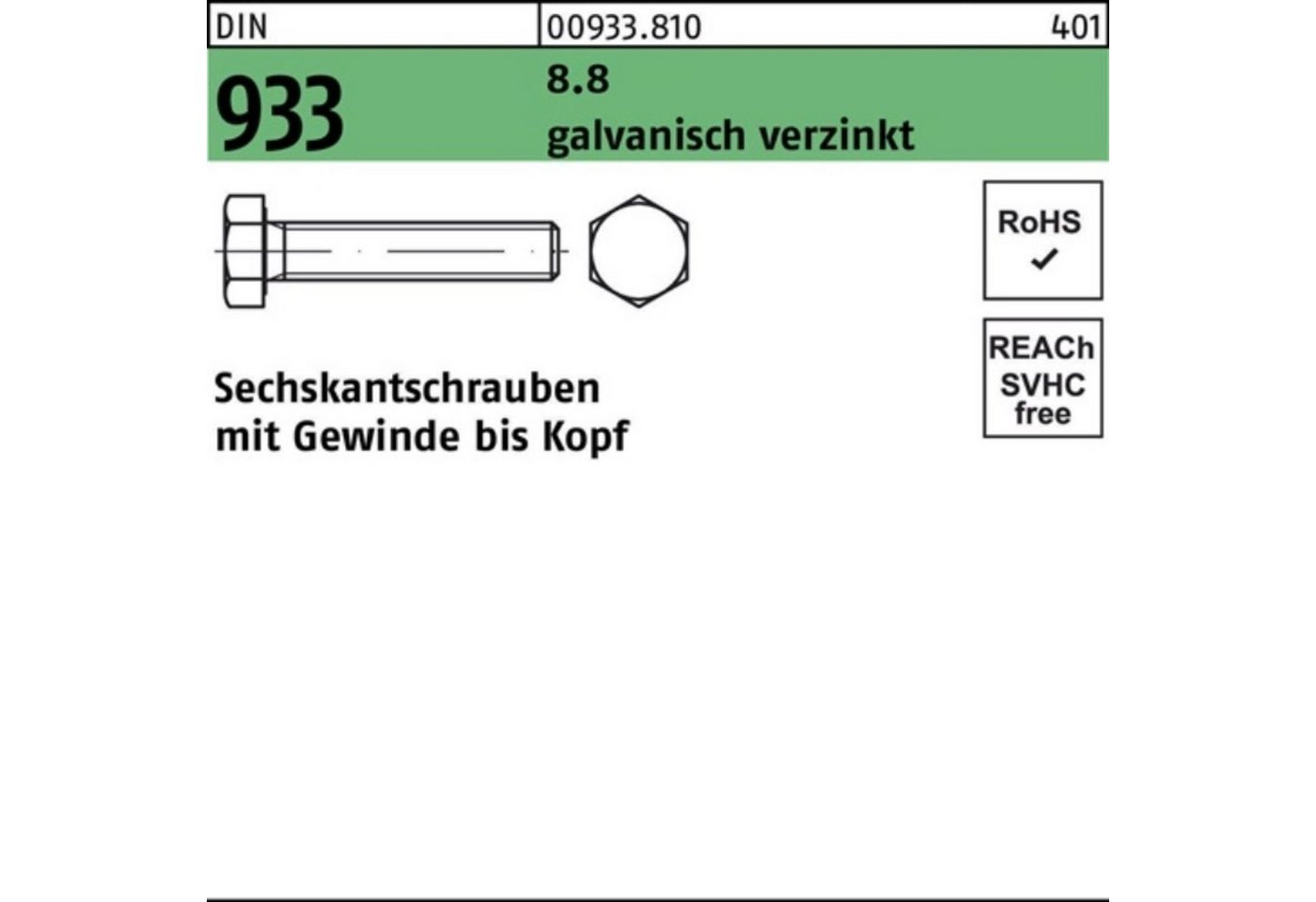 Reyher Sechskantschraube 100er Pack Sechskantschraube DIN 933 VG M12x 120 8.8 galv.verz. 50 St von Reyher