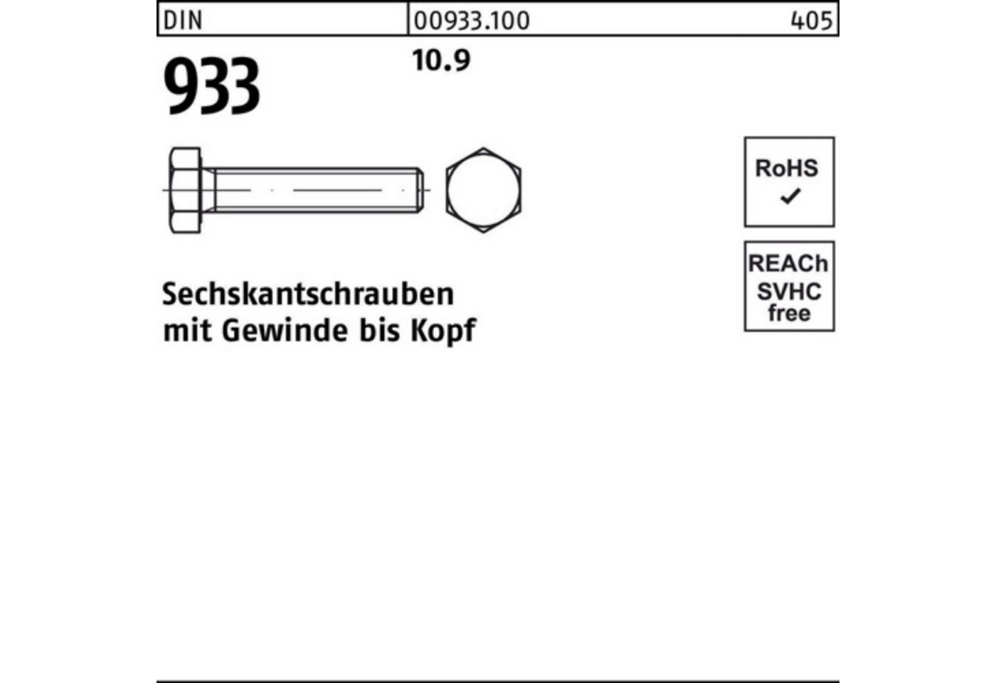 Reyher Sechskantschraube 100er Pack Sechskantschraube DIN 933 VG M14x 45 10.9 50 Stück DIN 933 von Reyher