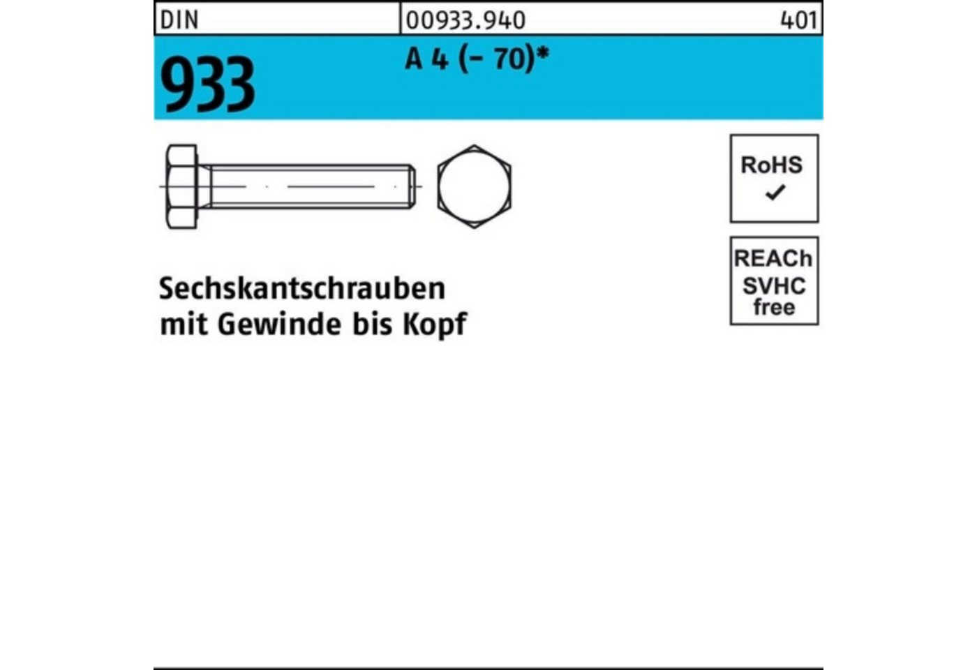 Reyher Sechskantschraube 100er Pack Sechskantschraube DIN 933 VG M18x 100 A 4 (70) 1 Stück D von Reyher