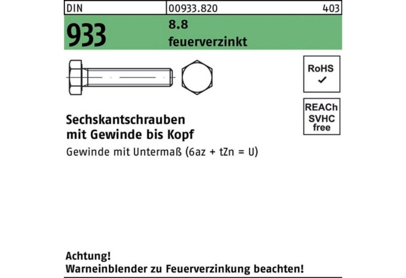 Reyher Sechskantschraube 100er Pack Sechskantschraube DIN 933 VG M20x 70 8.8 feuerverz. 25 Stü von Reyher